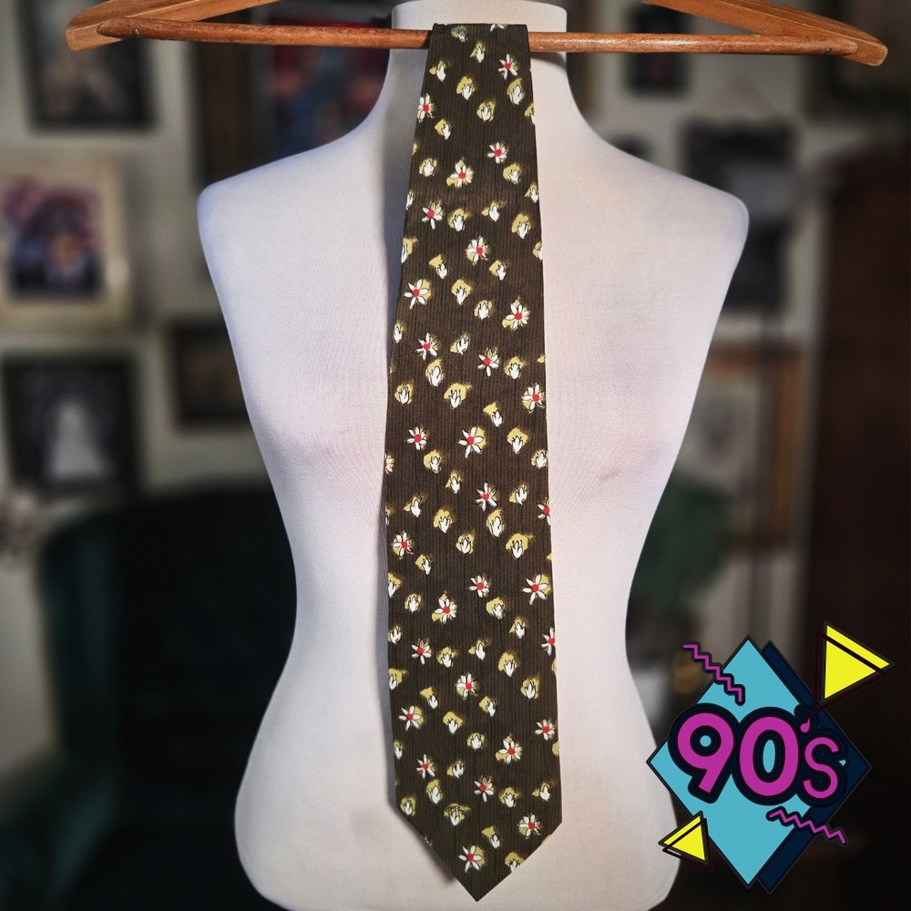 Structure Silk Tie Vintage 90s Brown Floral‎ Botanical Mens Necktie Made in USA